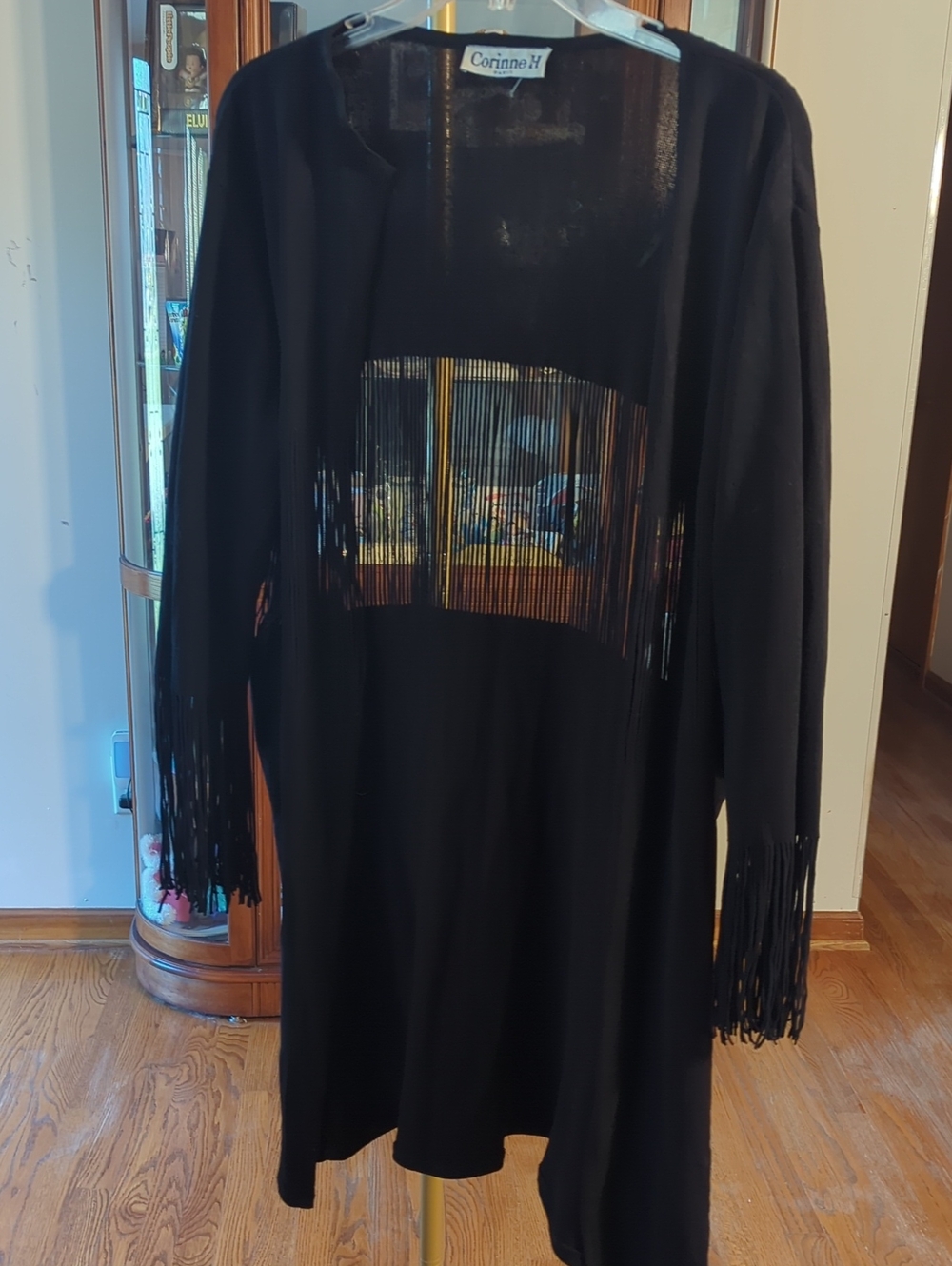 Black Fringe Open-Front Long Cardigan